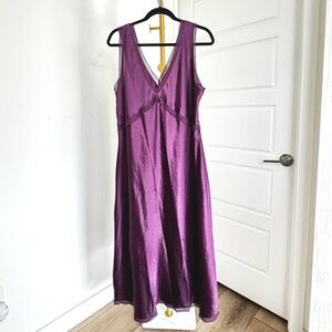 Women's V-Neck Dark Purple Satin Slip Bias Cut Empire Waist Midi Dress‎ Size XL